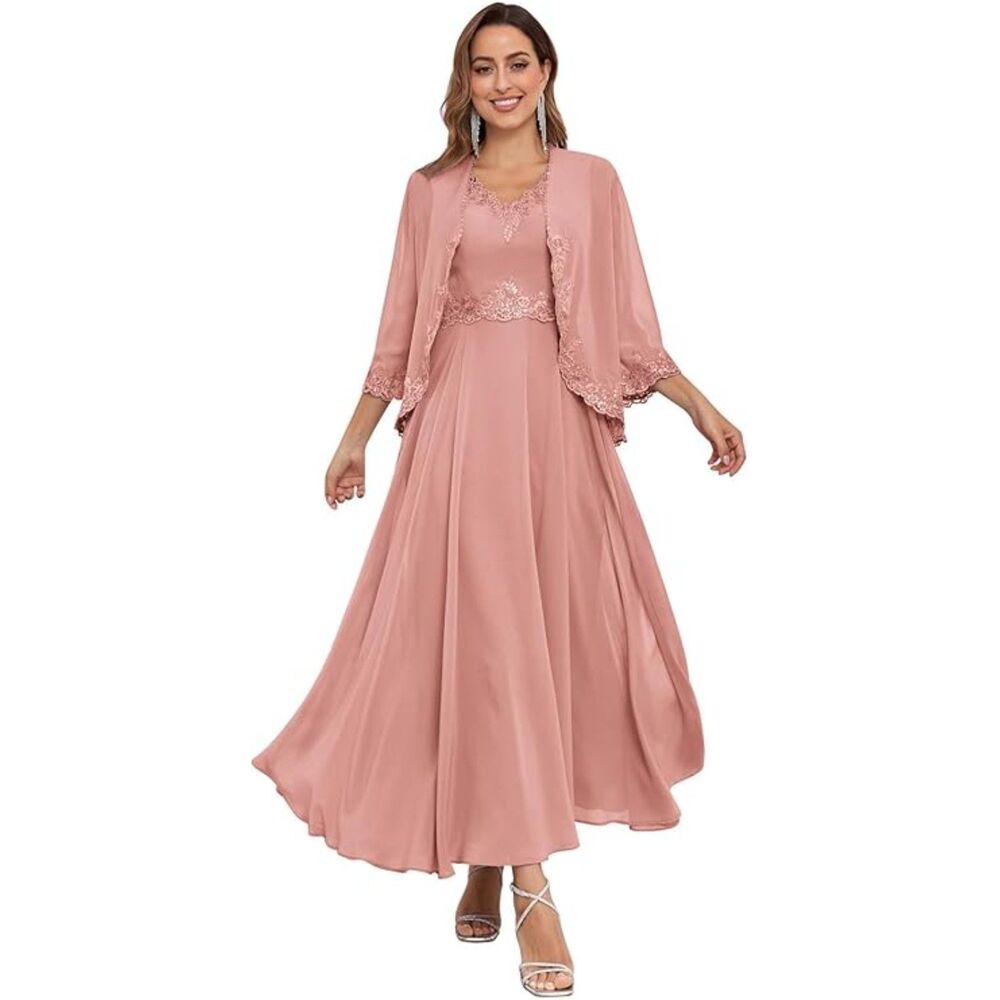 2 Piece Mother Bride Dress Jacket Sequin Lace Chiffon Tea Length Formal Wedding